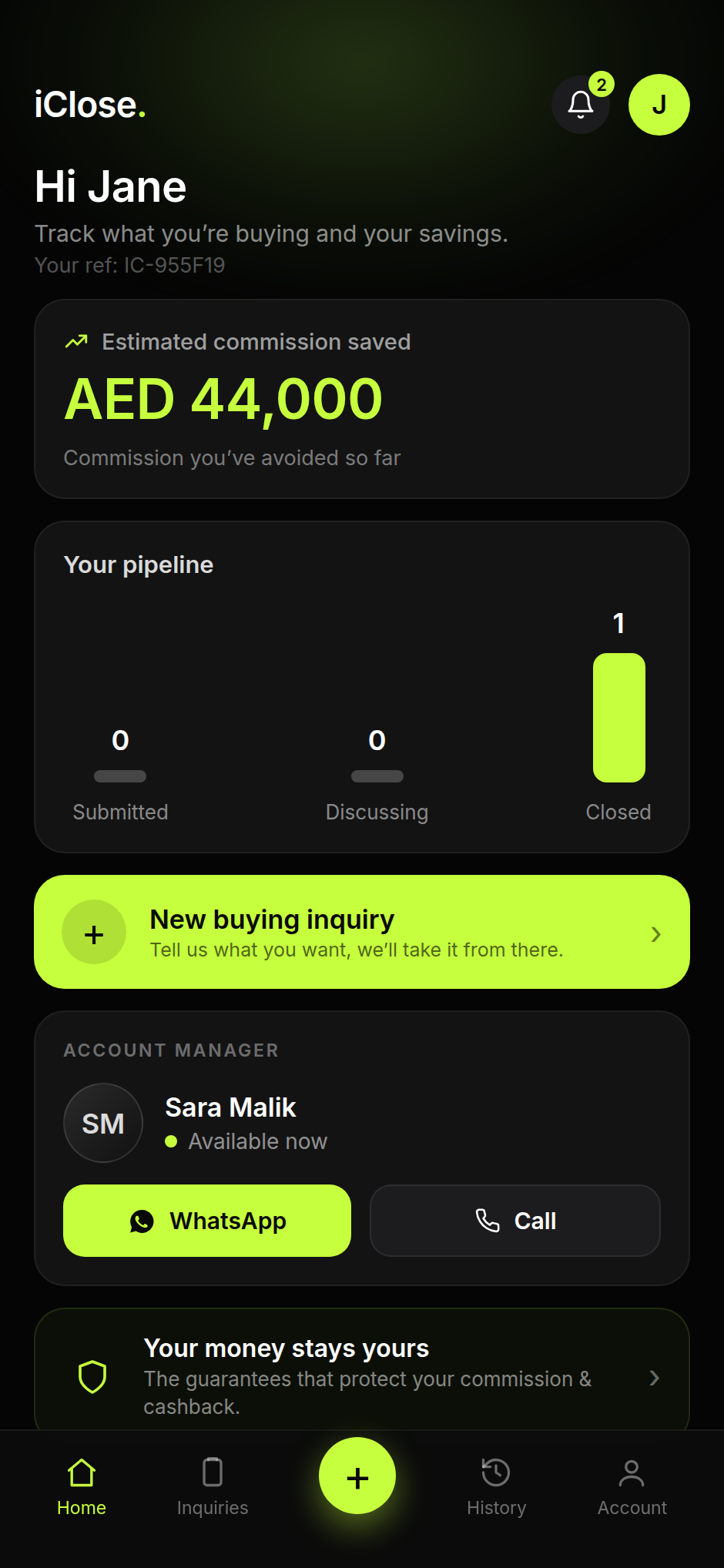 iClose buyer home showing estimated commission saved